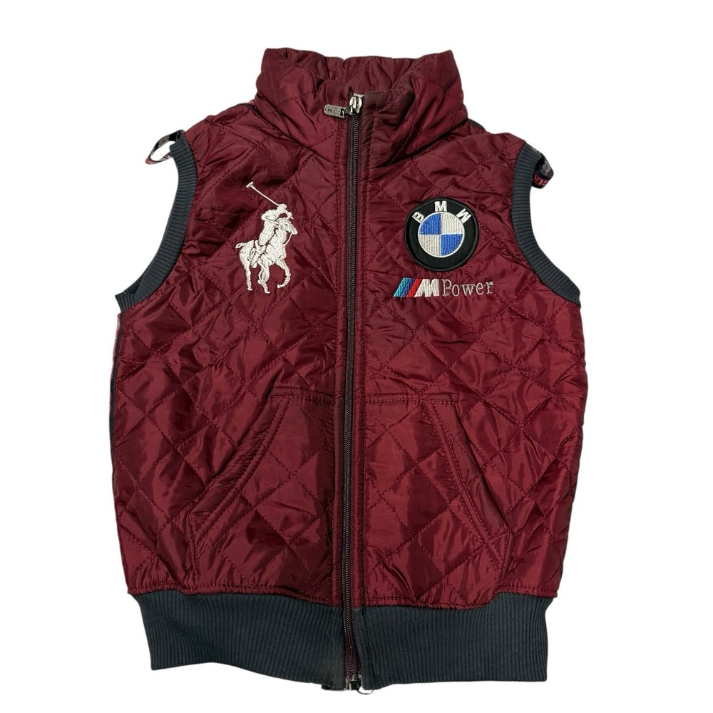 Custom Burgundy Quilted‎ Puffer Vest Youth 5–6 Polo BMW Style Logo Zip